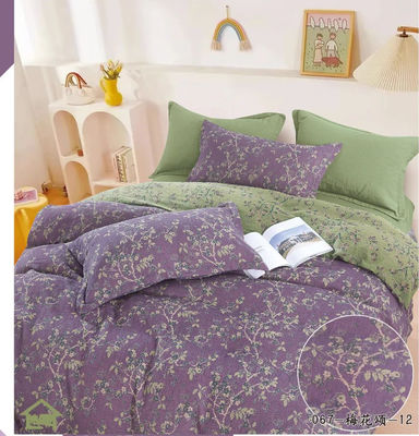Mor &amp; Yeşil % 100 Yıkanmış Pamuk Jacquard Dokuma Yatak Çamaşırı Set Avrupa Boyutu